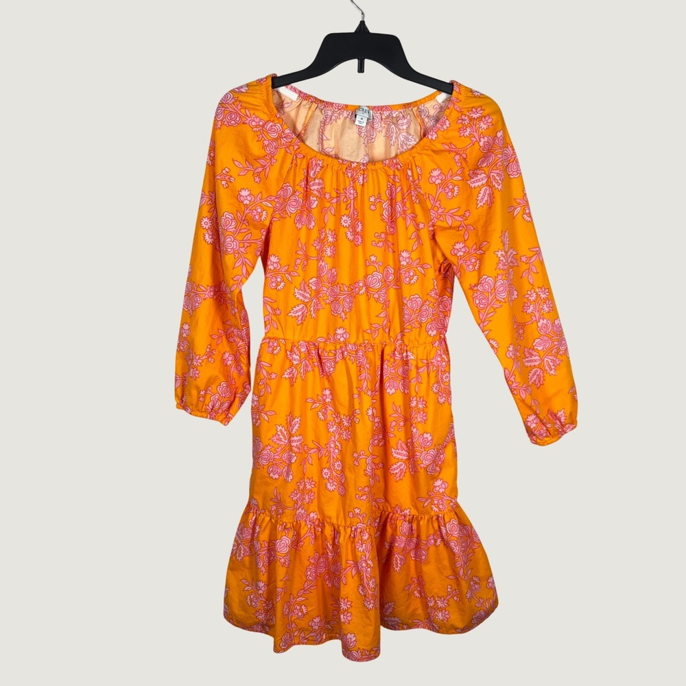 J.Crew Floral Mini Dress Womens 4 Orange Puff Sleeve Elastic Neck Boho Chic